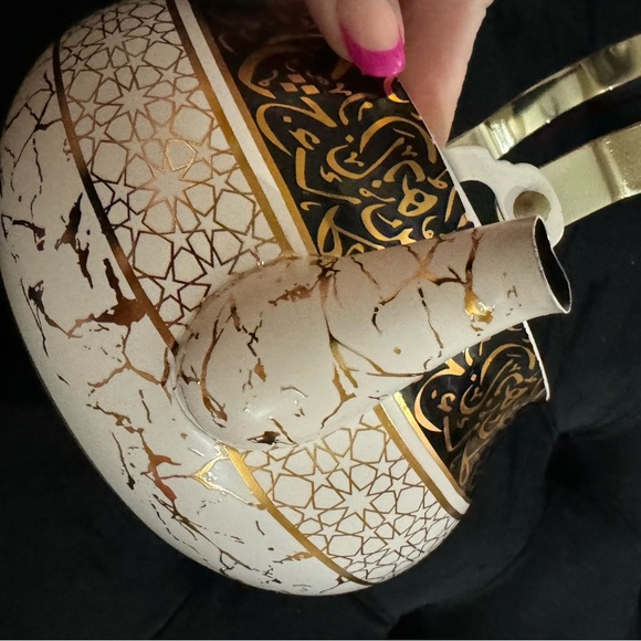 Ornate Unique Arabic Style Tea Kettle Black Cream Gold Patterned Vintage Look - Picture 7 of 16
